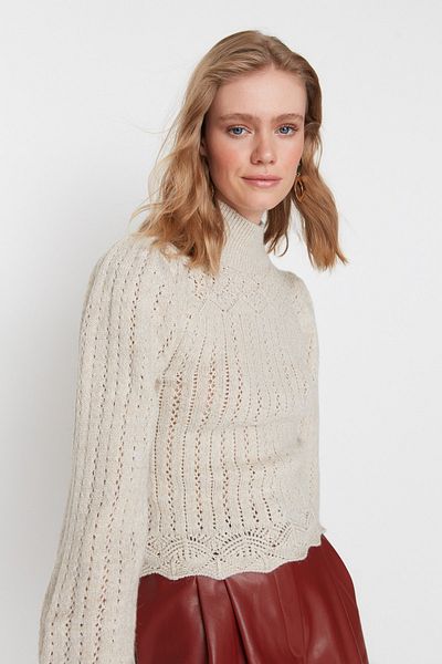 Trendyol Collection Stein Durchbrochene/Loch Stehkragen Strickpullover TWOAW21KZ0034