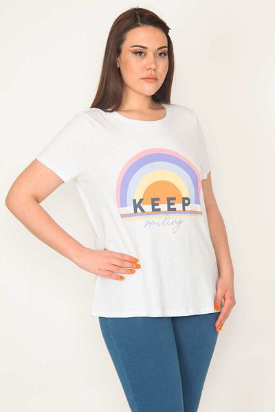 Şans Women's Plus Size White Cotton Fabric Crew Neck Front Printed Blouse 65n32579