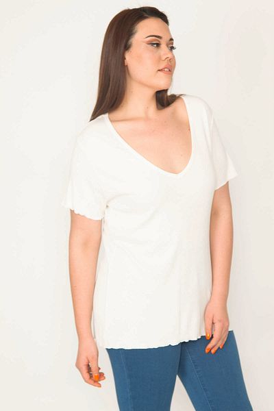 Şans Women's Plus Size Bone V-Neck Lycra Blouse 65n32593