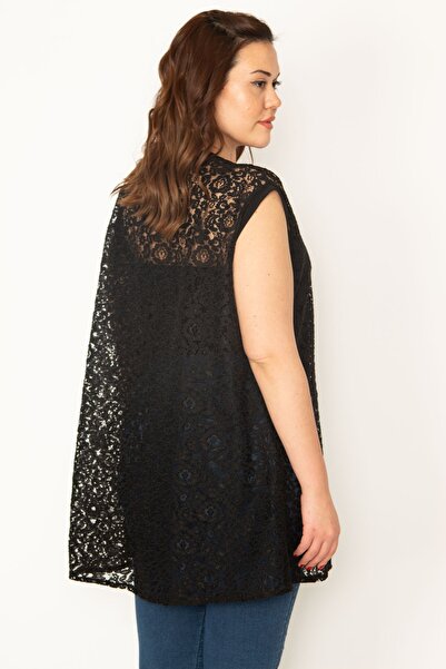 Şans Women's Large Size Black Stoned Brooch Buttoned Lace Cardigan 65n32724