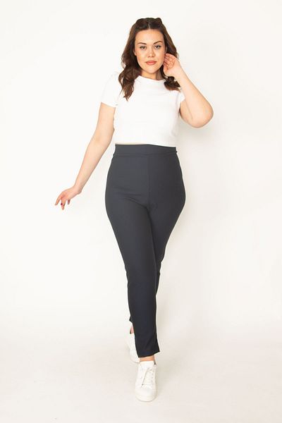 Şans Women's Large Size Navy Blue Self Patterned Trousers 65n32721