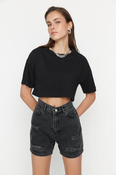 Trendyol Collection Anthracite Ripped Denim Shorts TWOSS22SR00144