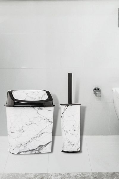 okacih Garbage Can WC Toilet Brush Set of 2 White Marble Patterned Odorless Set