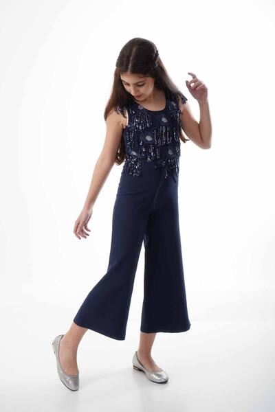 ÖFİ Kids Kız Püsküllü Kolsuz Geniş Paça Sade Şık Tulum