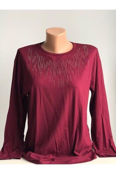 Genel Markalar Kadın Likralı Bordo Yağmur Taşlı Anne Penye Bluz