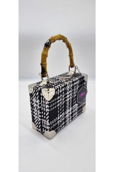 DSN Boxed Straw Covered Hand and Shoulder Bag Black Silver