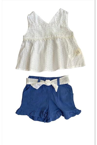 Çikoby Girl's Blue Polka Dot Blouse Shorts Set