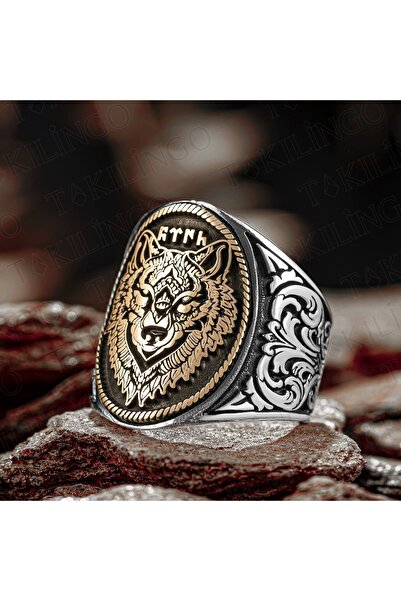Takılingo 925 Ayar Gümüş Göktürkçe Türk Bozkurt Motifli Erkek Yüzük