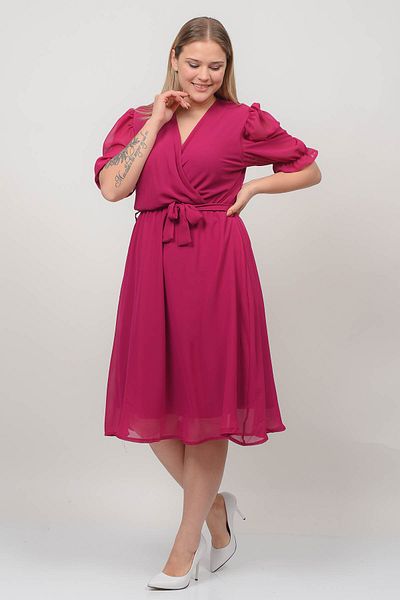 XXL BUTİK Women's Double Breasted Collar Plus Size Belted Chiffon Dress Btq064