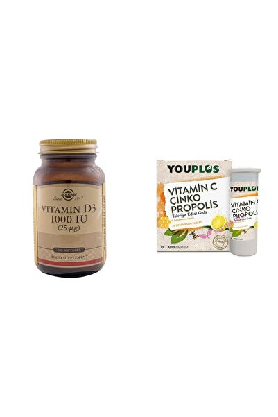 Solgar Vitamin D3 1000 Iu 100 Kapsül + You-plus Vitamin C Çinko Propolis 20 Efervesan Tablet