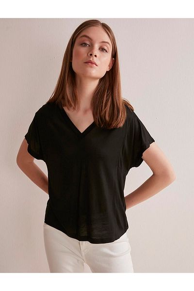Jimmy Key Tricou de damă cu mânecă neagră cu decolteu în V