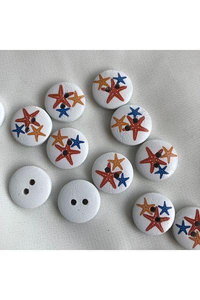 Bukle İplik 23 Size 1.46 cm Two Holes Tree Button with Starfish Print on White (50 Pcs)