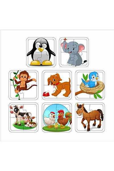 samsunlazer 4 Parça 8'li Set Ahşap Çocuk Puzzle Penguen- Fil- Maymun- Köpek- Kuş- Inek- Tavuk- At