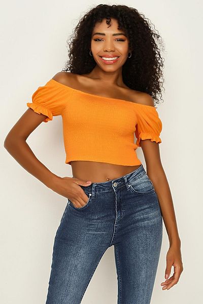 Select Moda Γυναικεία πορτοκαλί μπαλόνι μανίκι Gipeli Crop μπλούζα