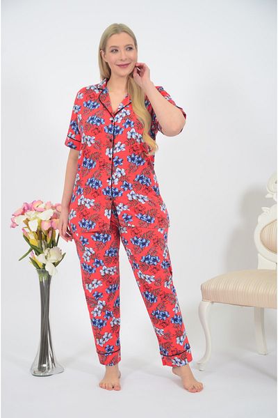 STYLE SENFONİ Women's Front Buttoned Large Size Short Sleeve Pajamas
