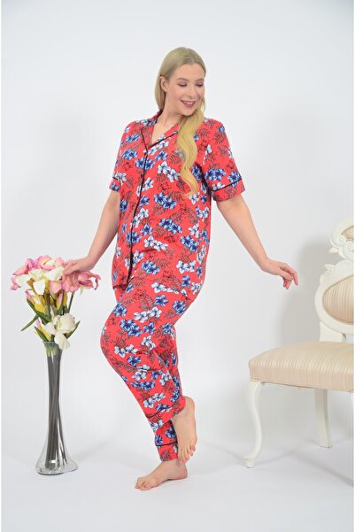 STYLE SENFONİ Kadın Önden Düğmeli Büyük Beden Kısa Kol Pijama