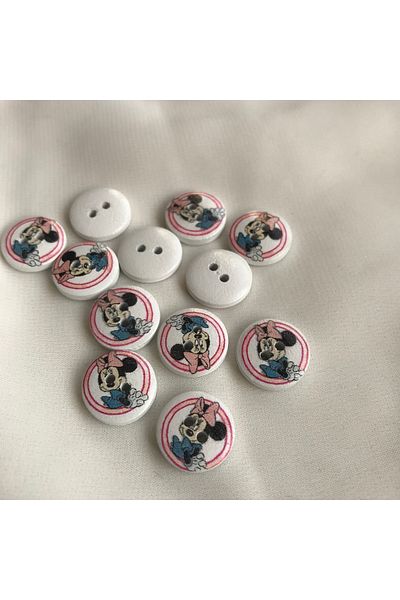 Bukle İplik 23 Size 1.46 cm White on Minnie Printed Two Holes Tree Button (50 Pcs)