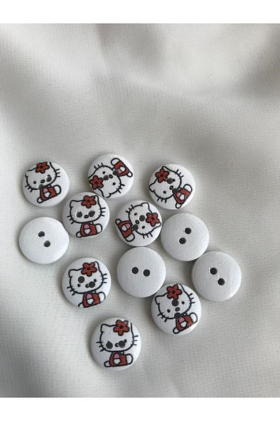 Bukle İplik 23 Sizes Hello Kitty Printed White Tree Button - 1.46 cm with Two Holes (20 Pcs)