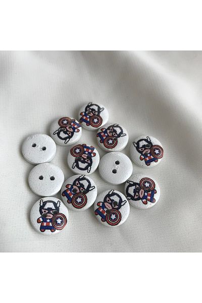 Bukle İplik Captain America Printed Two Holes Tree Button on 23 Size 1.46 cm White (50 Pcs)