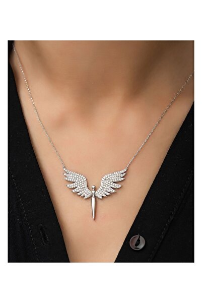 X-Lady Accessories Gümüş Renk Mikail Meleği Kanatlı Beyaz Taşlı Zirkon Kolye - 1076