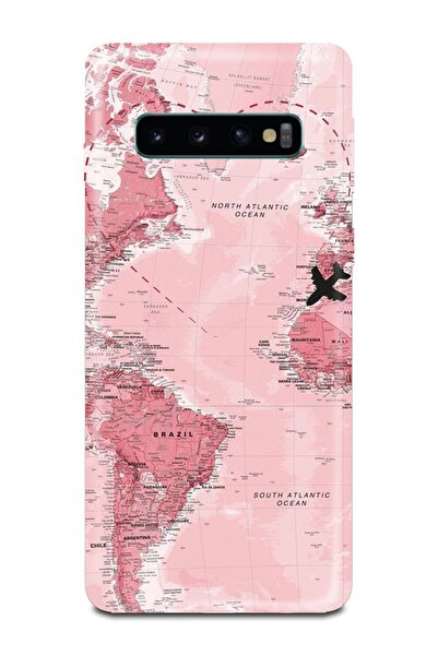 PERAX Samsung Galaxy S10 Dünya Haritası Desenli Pembe Telefon Kılıfı Samsngs1...