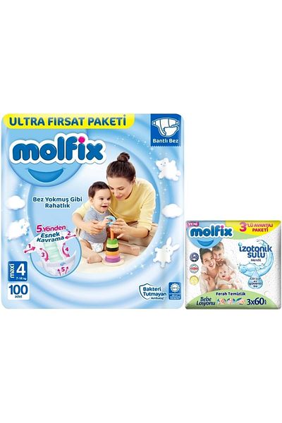 Molfix Baby Diaper Size:4 (7-14kg) Maxi 100 Pieces Ultra Fırsat Pk + 3 Wet Wipes