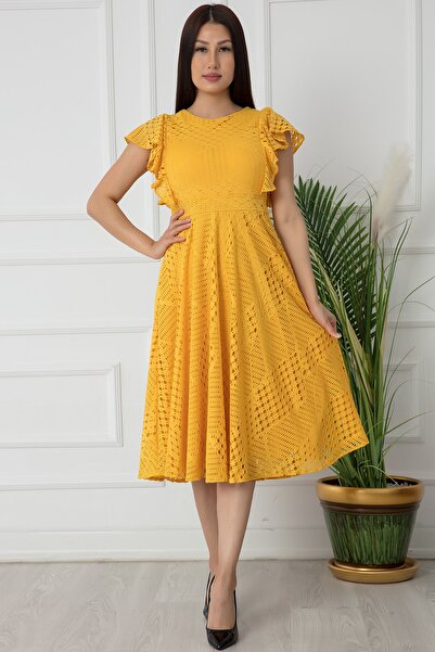 PULLIMM Omuzu Fırfırlı Midi Boy Abiye Elbise 13338