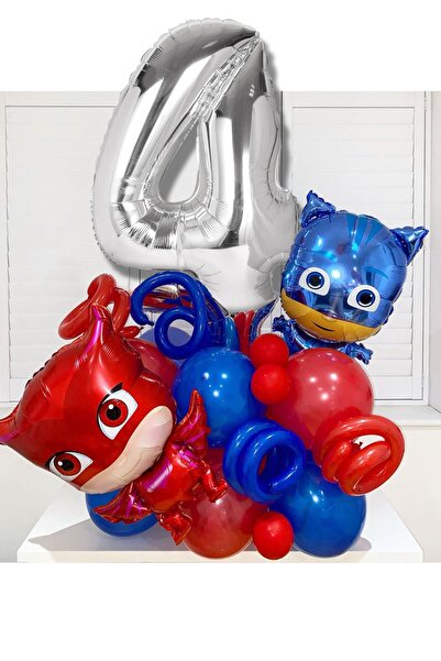 PARTİAVM 4 Yaş Gümüş Rakam Balonlu Pijamaskeliler Balon Karşılama Seti Pjmask...