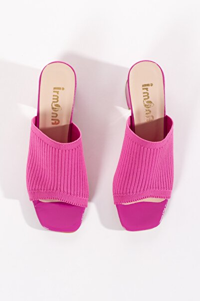 irmona Růžové úpletové pantofle na podpatku