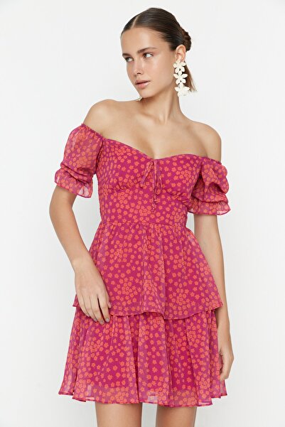 Trendyol Collection Színes virágmintás, fodros sifon miniruha - TWOSS22EL2772