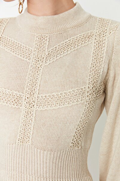 Trendyol Collection TWOAW22EL0011 Модель бежева мереживна міні-сукня трико