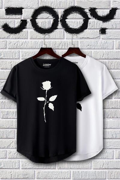 Jooy Company Siyah Beyaz Oval Kesim Gül Tasarım Tshirt 2'li Set