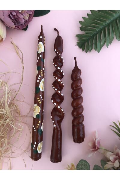 Elif Design 3 Lü Desenli El Çizimi Mum Seti Burgu Mum Şamdan Mum Seti Kahvere...