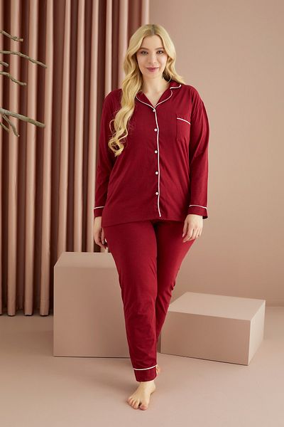 Siyah İnci Burgundy-white Cotton Large Size Oversized Buttoned Pocket Ribbed Long Sleeve Pajama Set