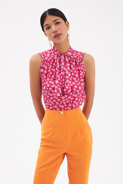 Sateen Scarf Collar Patterned Blouse - Fuchsia