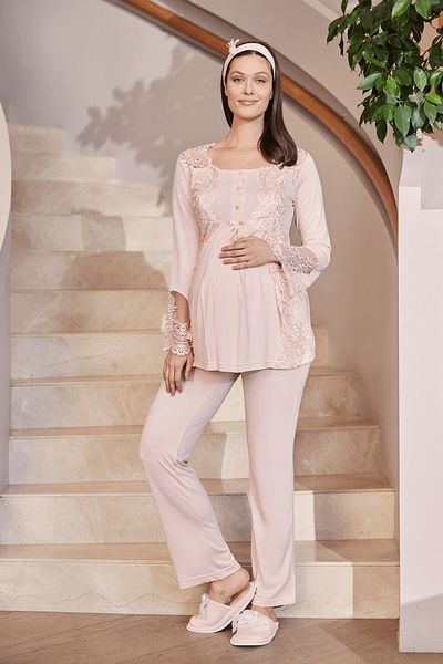 Mecit Pijama Σετ πιτζάμες εγκυμοσύνης & εγκυμοσύνης με ρυθμιζόμενη μέση από καουτσούκ, κεντημένη δαντέλα, τμήμα θηλασμού