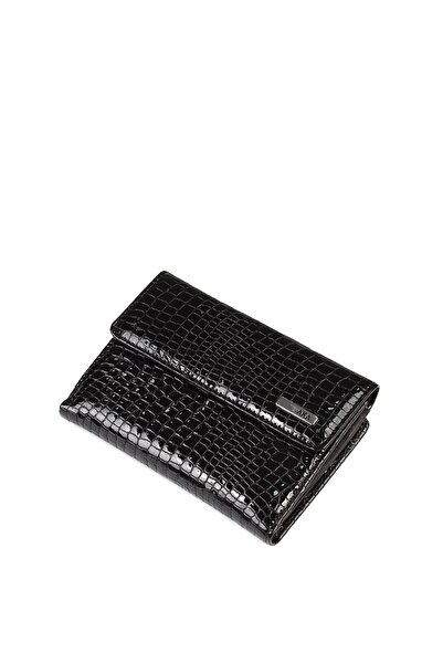 Aka Deri 499 Kroko %100 Hakiki Deri kadın Cüzdan Rugan Siyah
