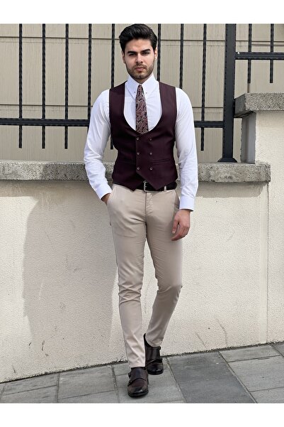 NAZEF Slim Fit Double Breasted Claret Red Vest