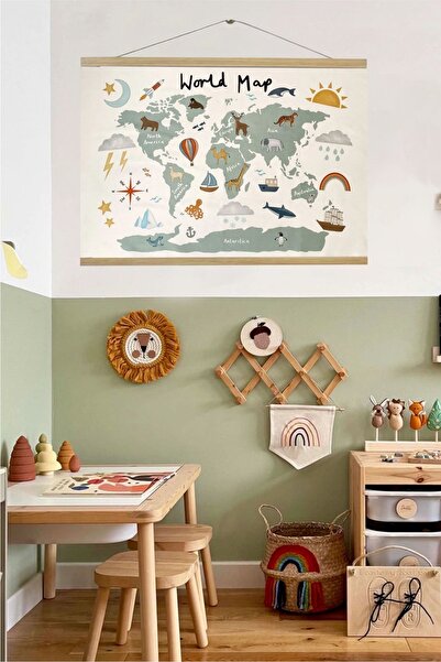 Piksel Grafik Harita Askılı Kanvas Poster