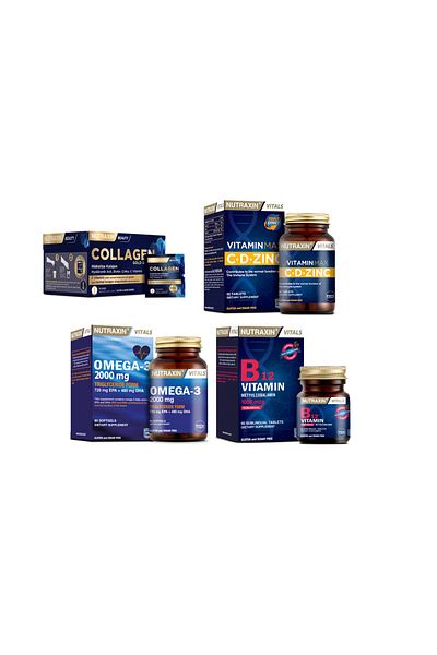 Nutraxin Collagen 30 Sachet - 10000 Mg Omega 3 Fish Oil 2000 Mg 60 Capsules + Vitamin Max 60 Tablets + Vitamin B12