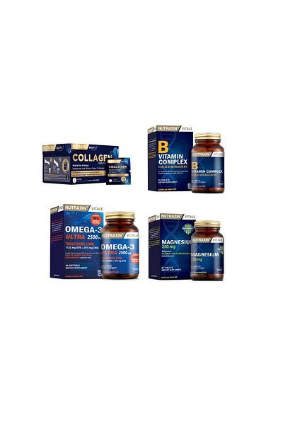 Nutraxin Collagen 30 Sachet - 10000MgOmega 3Ultra2500MgVitaminBComplex + Magnesium 30 Capsules