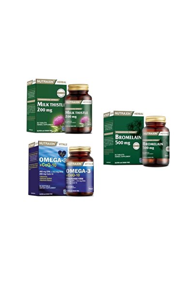 Nutraxin Milk Thistle 60 Tablet +omega 3 +coq-10(koenzim) 60 Kapsül + Bromela...