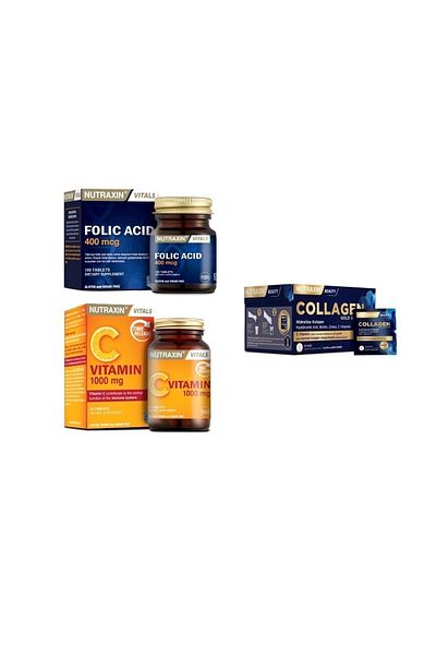 Nutraxin Collagen and Folic Acid Tablet - 10000 Mg Sachet, Vitamin C 30 Tablets