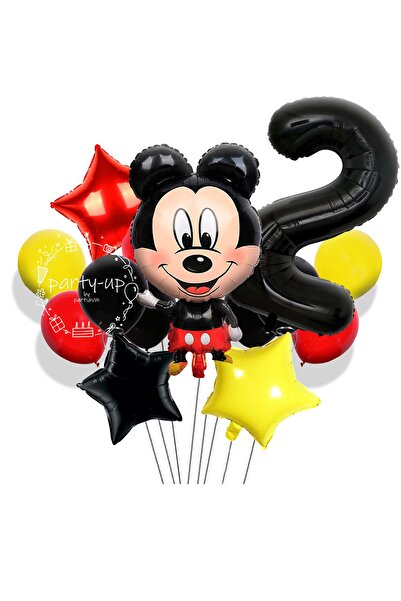 PARTİAVM 2 Yaş Siyah Rakam Balonlu Mickey Mouse Balon Seti Mini Fare Temalı 1...