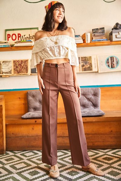 Olalook Women's Brown Stitching Detailed Atlas Woven Trousers PNT-19000166
