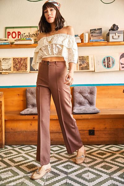 Olalook Women's Brown Stitching Detailed Atlas Woven Trousers PNT-19000166