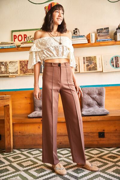 Olalook Women's Brown Stitching Detailed Atlas Woven Trousers PNT-19000166