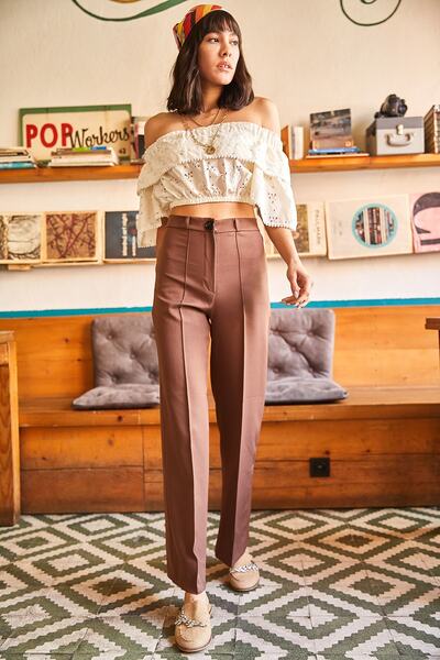 Olalook Women's Brown Stitching Detailed Atlas Woven Trousers PNT-19000166