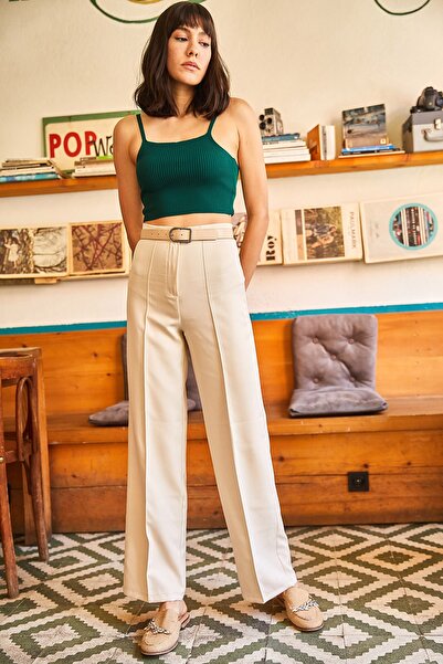 Olalook Women's Stone Stitching Detailed Atlas Woven Trousers PNT-19000166