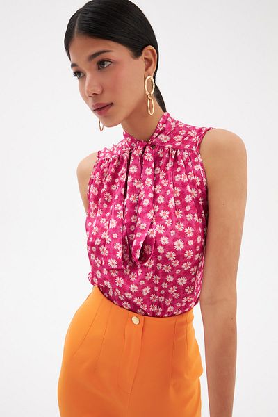 Sateen Scarf Collar Patterned Blouse - Fuchsia